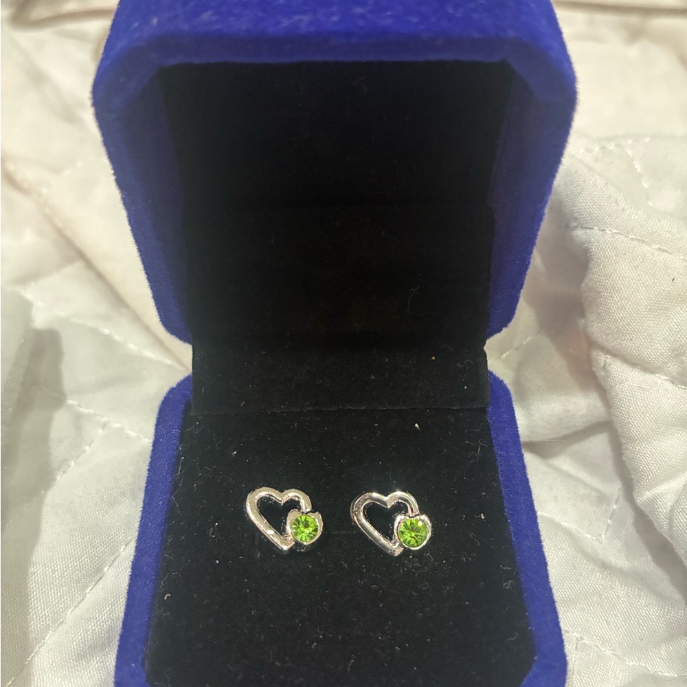 Silver Heart Earrings with Green Gemstones